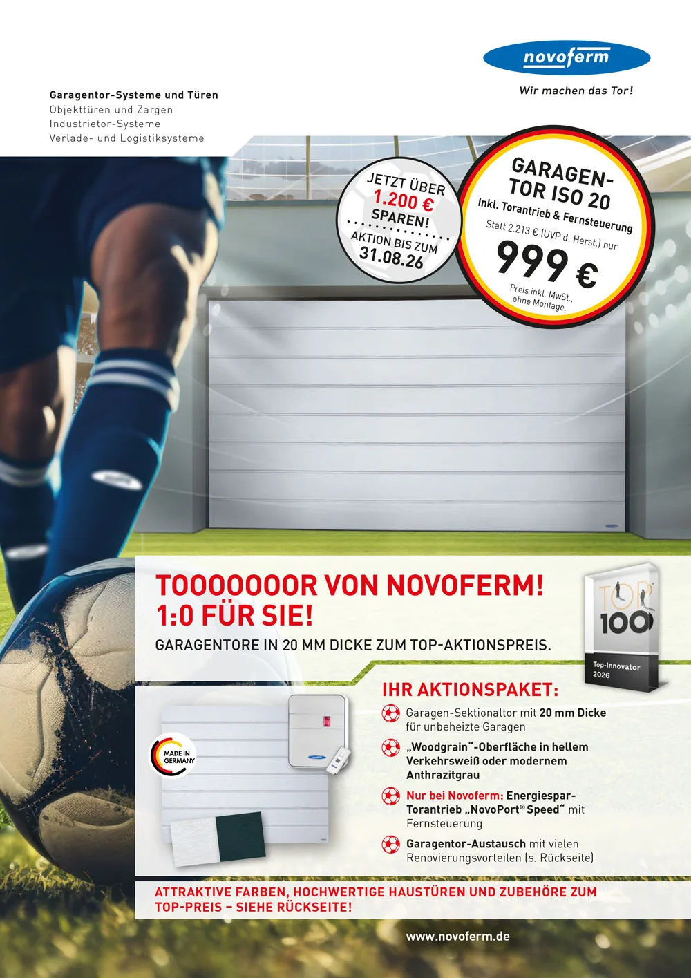 Aktionsmotiv: Novoferm Sektionaltor ISO 20 mit Torantrieb für 999 Euro, Aktion bis 31.08.2026
